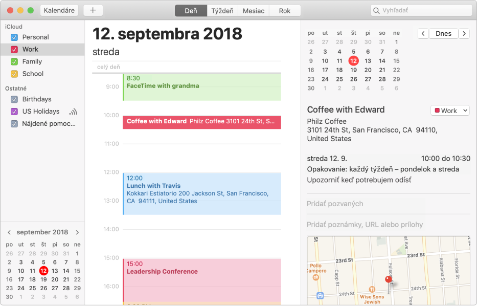 Okno aplikácie Kalendár v zobrazení dňa znázorňujúce farebne kódované osobné, pracovné a rodinné kalendáre v postrannom paneli pod hlavičkou iCloud účtu a ďalší kalendár pod hlavičkou Exchange účtu.
