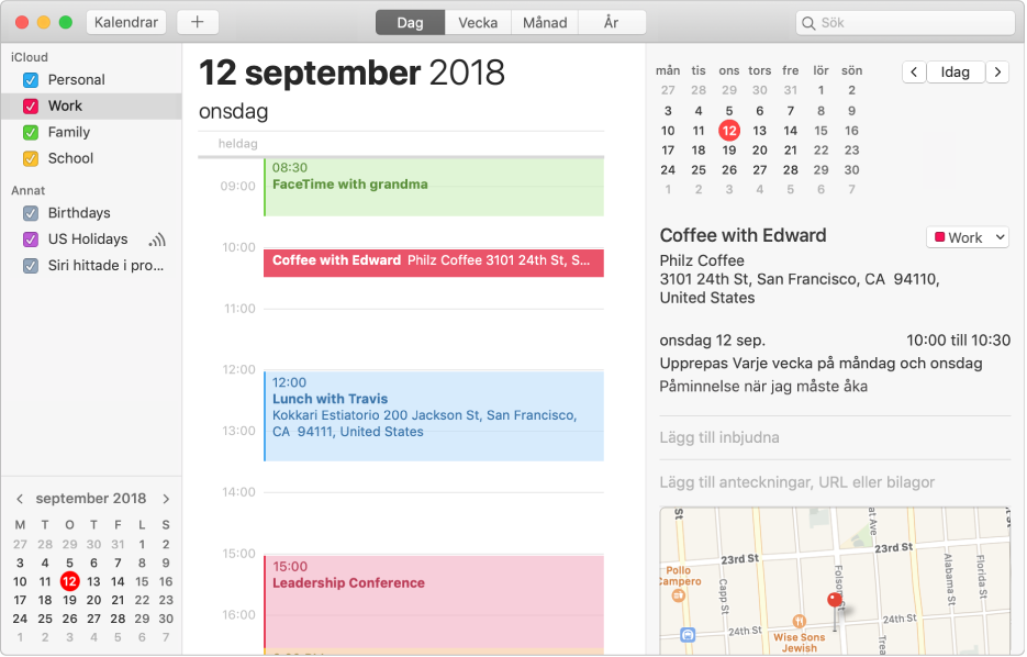 Ett Kalender-fönster i dagvyn med färgkodad personlig kalender, jobbkalender och familjekalender i sidofältet under iCloud-kontorubriken, och ytterligare en kalender under Exchange-kontorubriken.