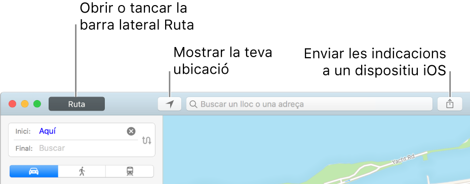 Finestra de l’app Mapes amb els botons Ruta, “Posició actual” i Compartir de la barra d’eines.