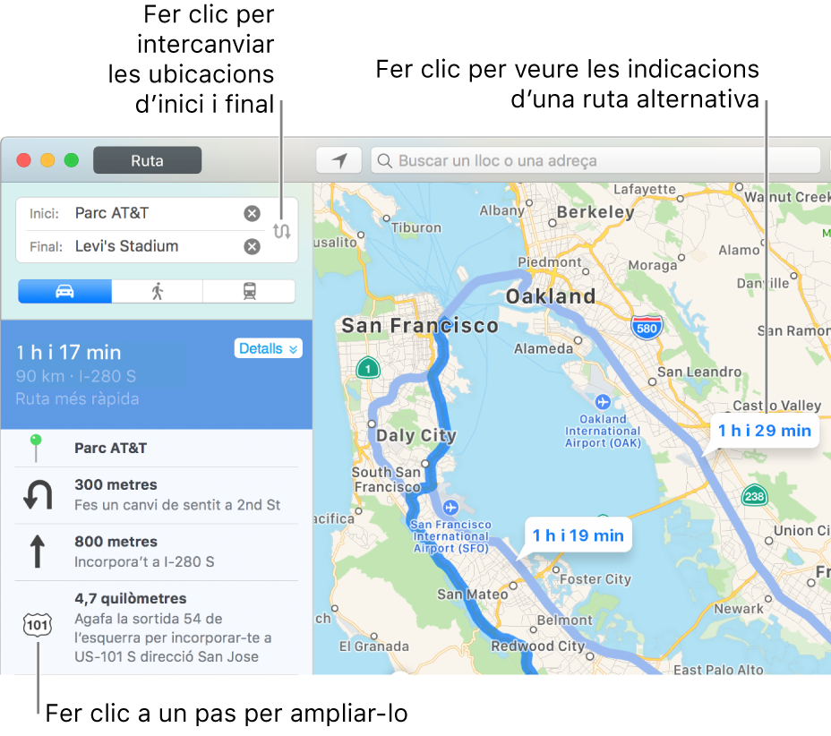 Fer clic en un pas de la barra lateral d’indicacions, a l’esquerra, per ampliar-lo, o bé fer clic en una ruta alternativa del mapa, a la dreta.