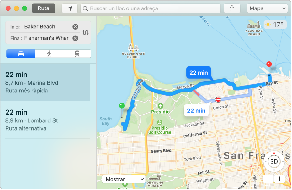 Finestra de l’app Mapes que mostra una ruta fins a una destinació.