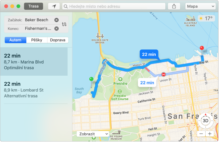 Okno aplikace Mapy se zobrazenou trasou do určitého cílového místa