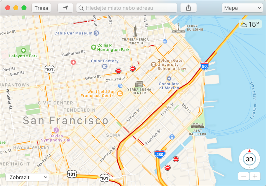 Okno aplikace Mapy informující prostřednictvím ikon na mapě o dopravní situaci.