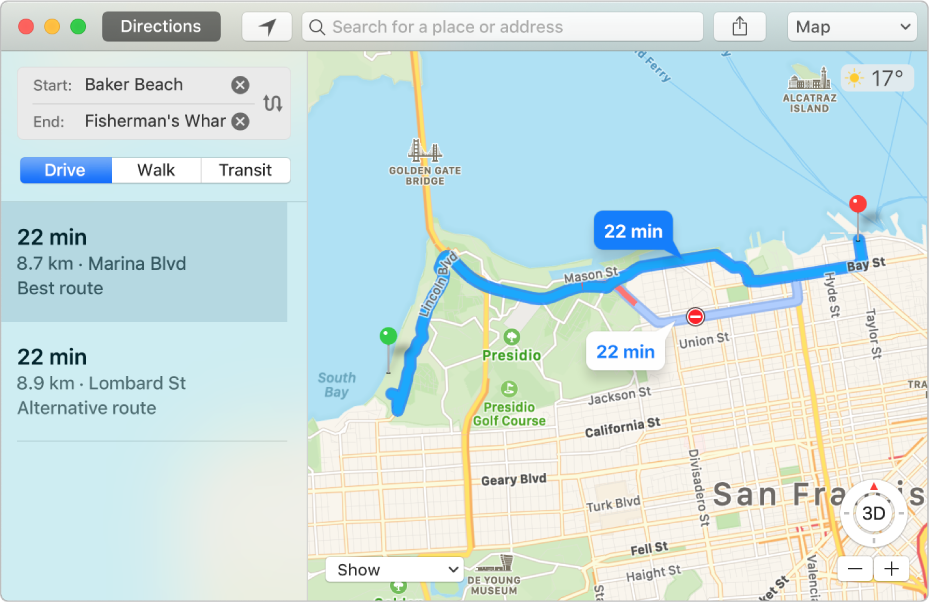 Maps window showing a route to a destination.