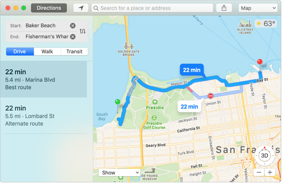 Maps window showing a route to a destination.