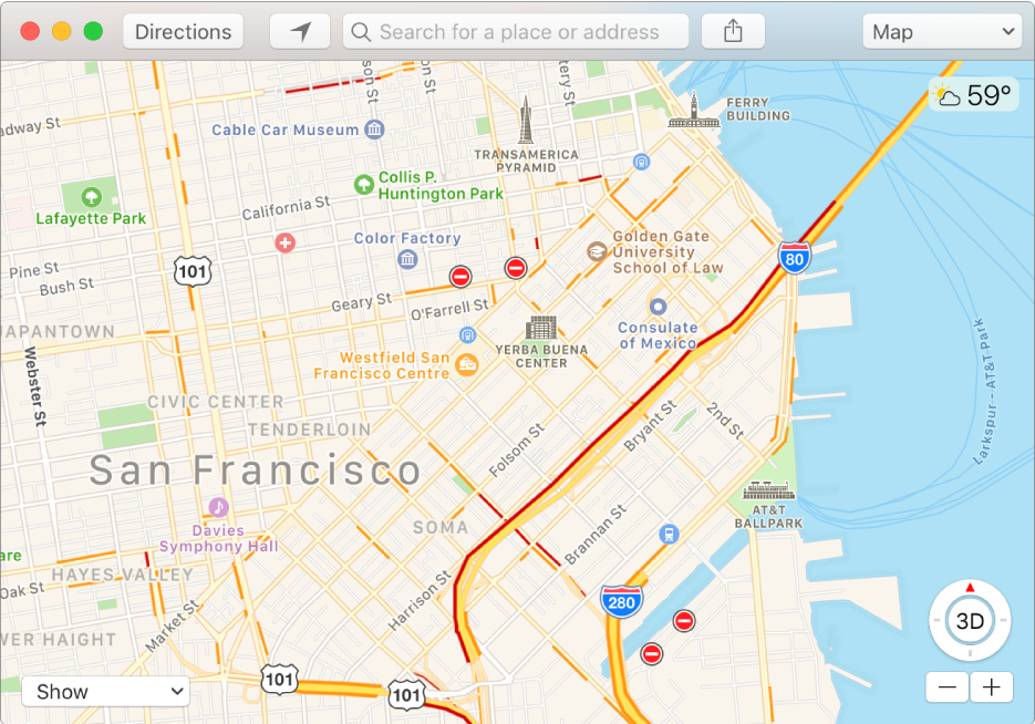 Maps window showing traffic conditions using icons on a map.