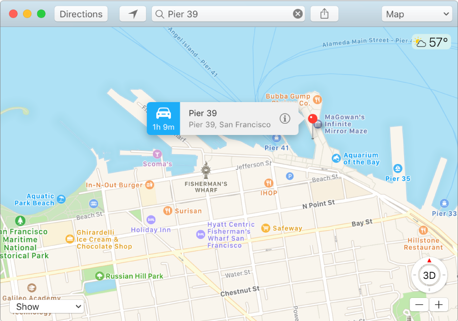 The Info window for a pin on the map showing the location’s address and the estimated travel time from your location.