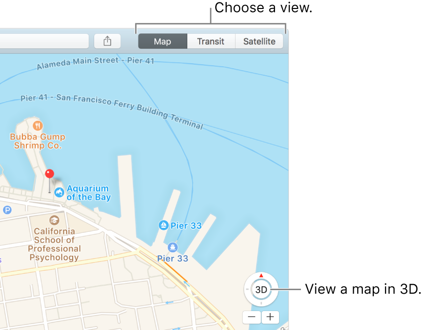 Click Map or Satellite in the toolbar to change your view. To view a map in 3D, click the button at the bottom of the window.