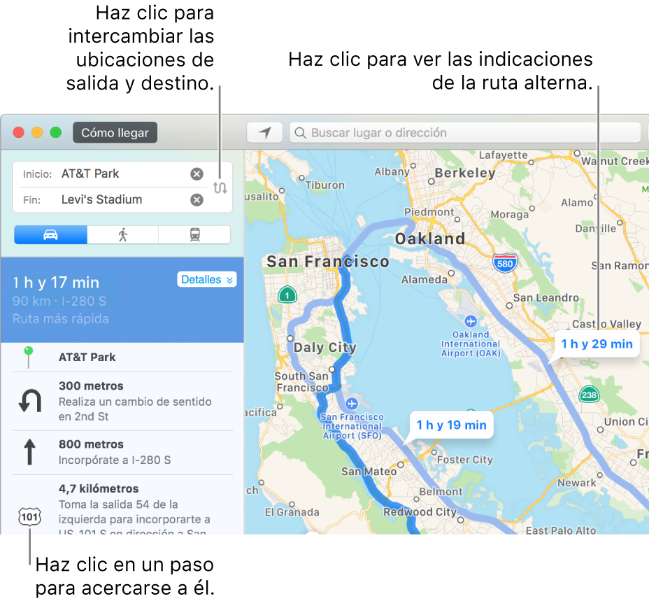 Haz clic en un paso en la barra lateral de las rutas a la izquierda para acercarte o en una ruta alternativa en el mapa de la derecha.