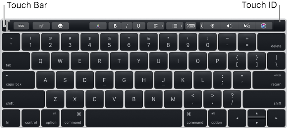 संपूर्ण ऊपरी भाग में फैले Touch Bar वाला कीबोर्ड; Touch ID, Touch Bar के दाएँ किनारे पर स्थित होता है।
