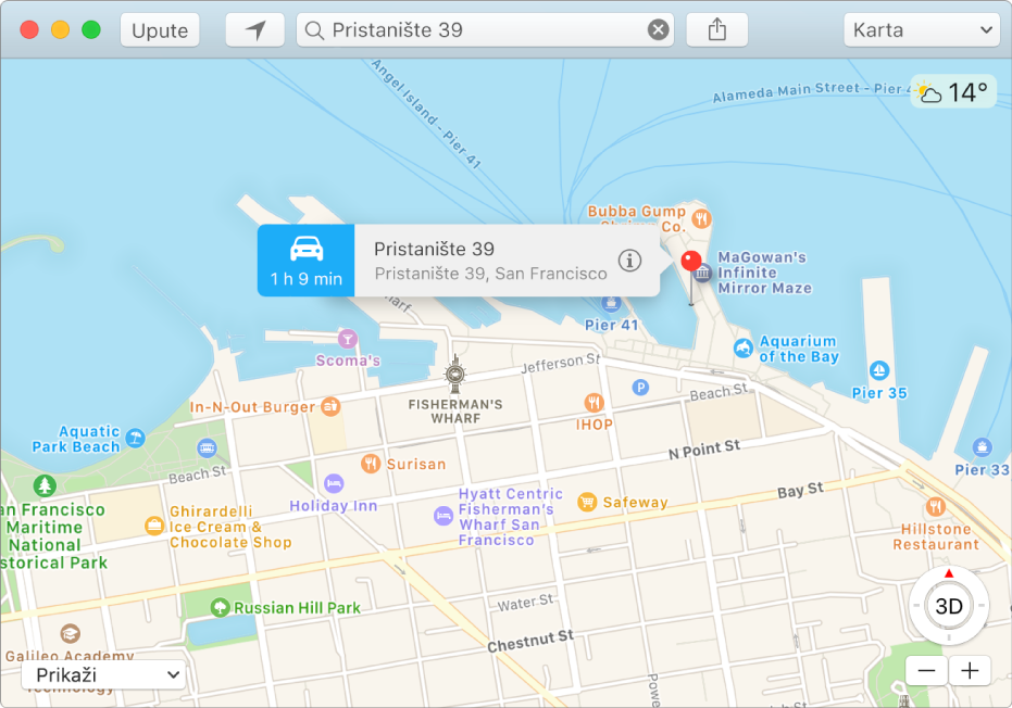 Prozor Informacije za pribadaču na karti koja prikazuje adresu lokacije i procijenjeno vrijeme putovanja s vaše lokacije.