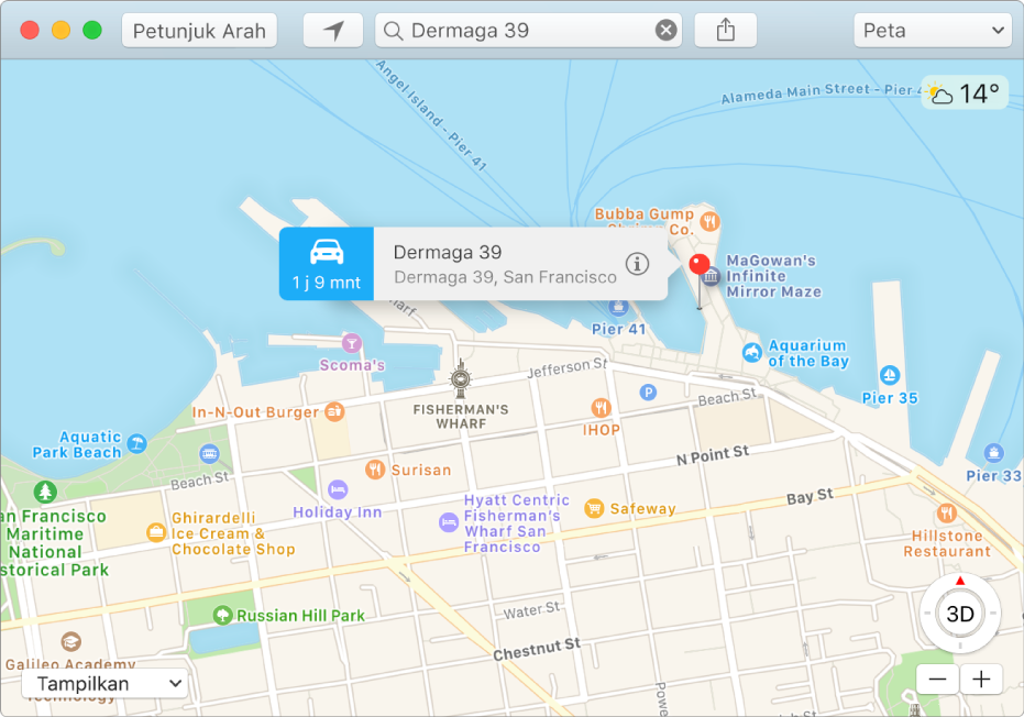 Jendela Info untuk pin di peta yang menampilkan alamat lokasi dan perkiraan waktu perjalanan dari lokasi Anda.
