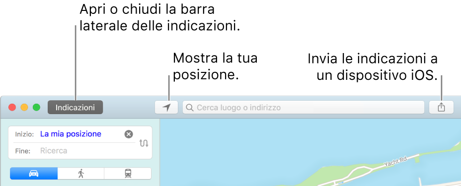 La finestra di Mappe che mostra i pulsanti Indicazioni, “Posizione attuale” e Condividi nella barra degli strumenti.