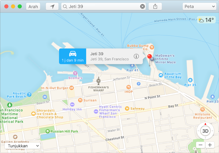 Tetingkap Info untuk pin pada peta menunjukkan alamat lokasi dan anggaran masa perjalanan dari lokasi anda.