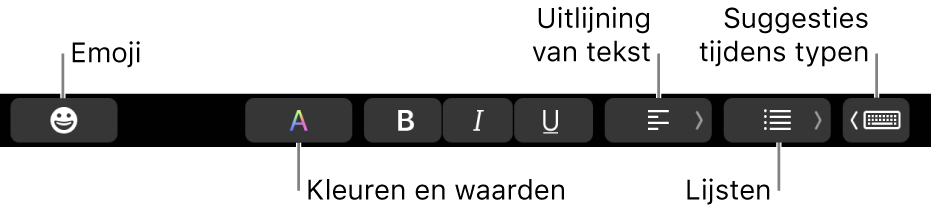 De Touch Bar met (van links naar rechts) knoppen van het programma Mail: emoji, kleuren, vet, cursief, onderstrepen, uitlijning, lijsten en suggesties tijdens typen.
