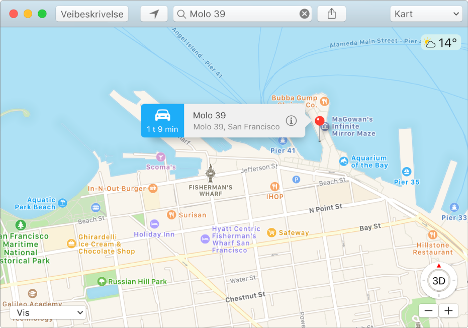 Infovinduet for en nål på kartet, som viser stedets adresse og anslått reisetid fra din plassering.