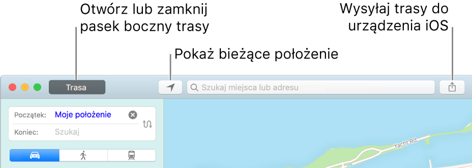Okno aplikacji Mapy z trasą oraz przyciskami bieżącego położenia i udostępniania na pasku narzędzi.