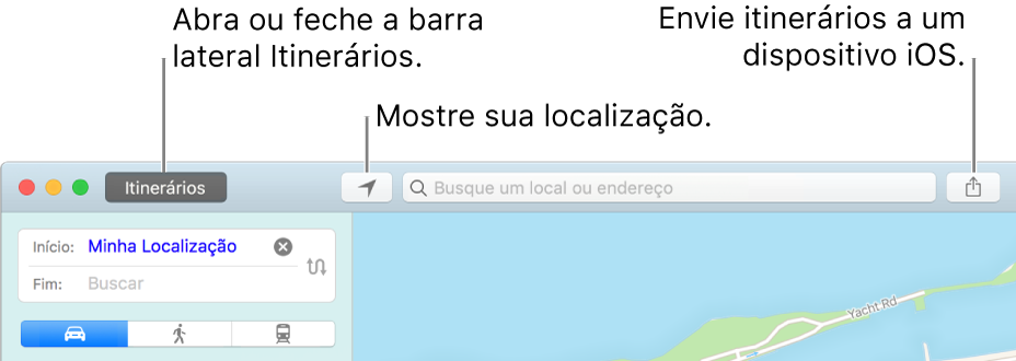 Janela do Mapas mostrando os botões Itinerários, Posição Atual e Compartilhar na barra de ferramentas.