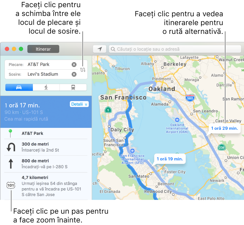 Faceți clic pe o etapă în bara laterală a itinerarului din stânga pentru zoom înainte sau faceți clic pe o rută alternativă pe harta din dreapta.