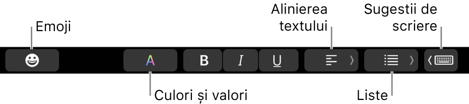 Touch Bar cu butoanele din aplicația Mail care includ, de la stânga la dreapta, Emoji, Culori, Aldin, Cursiv, Subliniat, Aliniere, Liste și Sugestii de scriere.