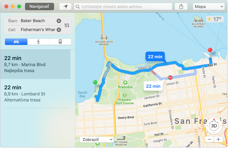 Okno aplikácie Mapy zobrazujúce trasu do cieľa.