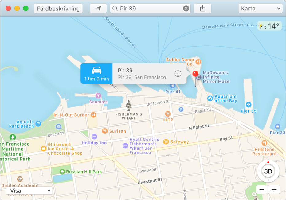 Informationsfönstret för en kartnål på kartan som visar adressen för en plats och ungefärlig restid från din plats.