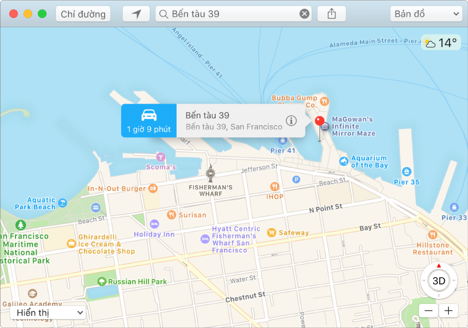Cửa sổ Thông tin cho một mốc trên bản đồ đang hiển thị địa chỉ của vị trí và thời gian di chuyển ước tính từ vị trí của bạn.