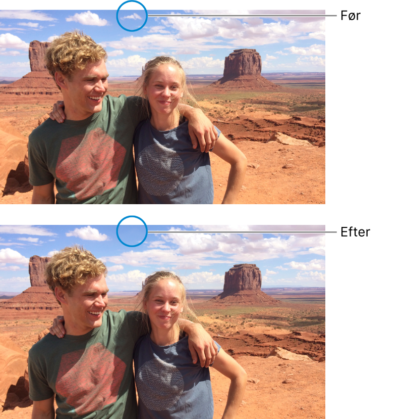 Et fotografi inden retouchering, hvor man kan se en lille sky, og efter retouchering uden nogen sky.