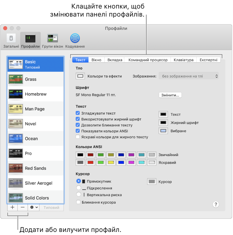 Панель «Профайли» в Терміналі з виділеним профайлом «Базовий», кнопками для додавання й видалення профайлів і кнопками для перемикання панелей.