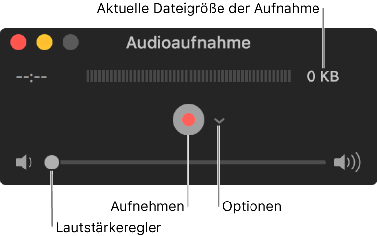 Das Fenster „Audio-Aufnahme“ mit der Aufnahmetaste und dem Einblendmenü „Optionen“ in der Mitte des Fensters sowie dem Lautstärkeregler unten