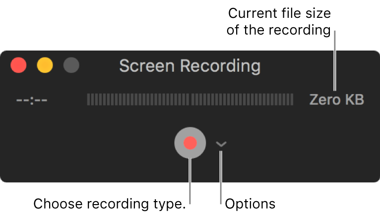 Screen Recording window with the Record button at the bottom and the Options pop-up menu next to it.