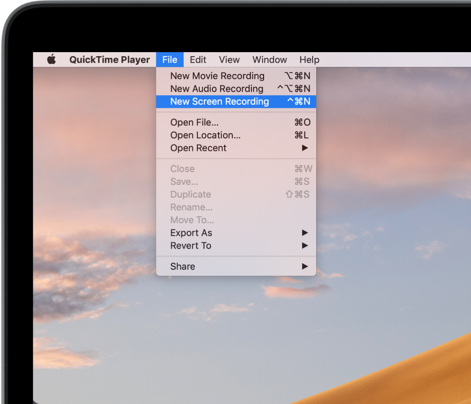 In the QuickTime Player app, the File menu is open, and the New Screen Recording command is being chosen to start recording the screen.