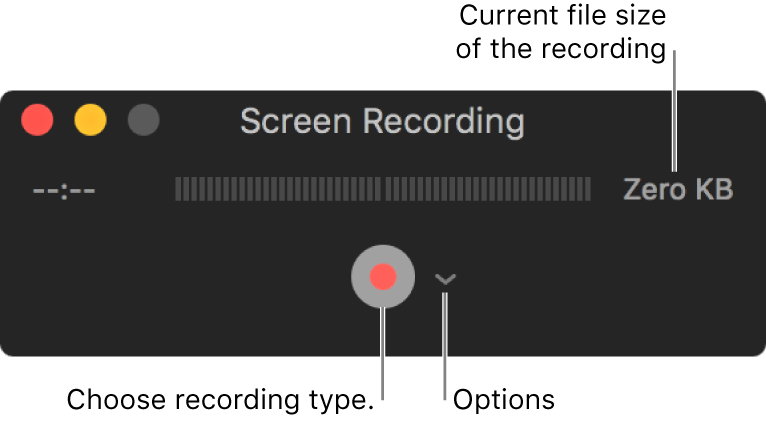 Screen Recording window with the Record button at the bottom and the Options pop-up menu next to it.