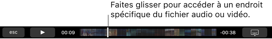 Les commandes de lecture dans la Touch Bar. Le bouton Lecture/Pause est à gauche, à côté de la tête de lecture que vous pouvez déplacer pour accéder à un moment précis du fichier. À gauche de la tête de lecture s’affiche le temps écoulé, et à droite le temps restant.