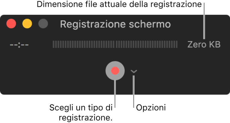 Finestra di “Registrazione schermo” con il pulsante Registra nella parte inferiore accanto al menu a comparsa Opzioni.