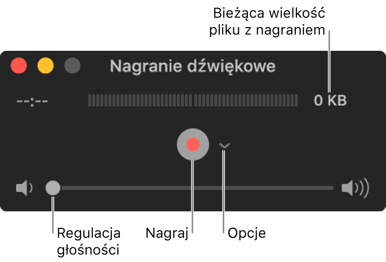 Okno nagrywania audio z przyciskiem nagrywania oraz menu podręcznym w środku okna, a także z narzędziem głośności na dole.