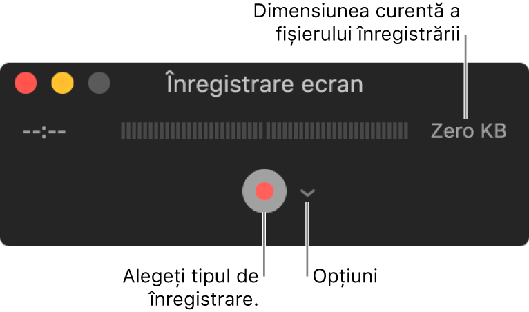 Fereastra Înregistrare ecran cu butonul Înregistrează în partea de jos și meniul pop-up Opțiuni alături.
