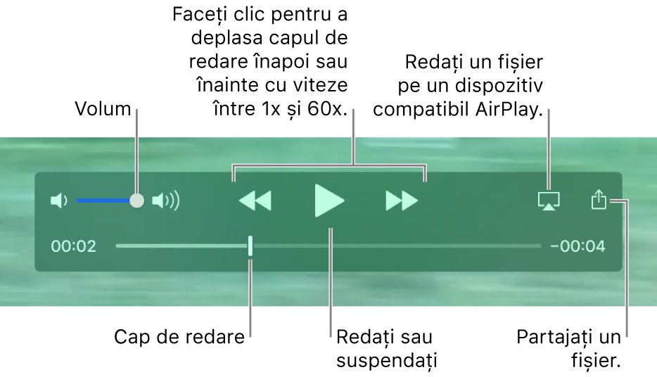 Comenzile QuickTime Player. În partea de sus se află: comanda de volum, butonul Derulează înapoi, butonul Redă/Suspendă și butonul Repede înainte; butonul AirPlay și butonul Partajează. În partea de jos se află capul de redare, pe care îl puteți trage pentru a schimba localizarea în cadrul fișierului.