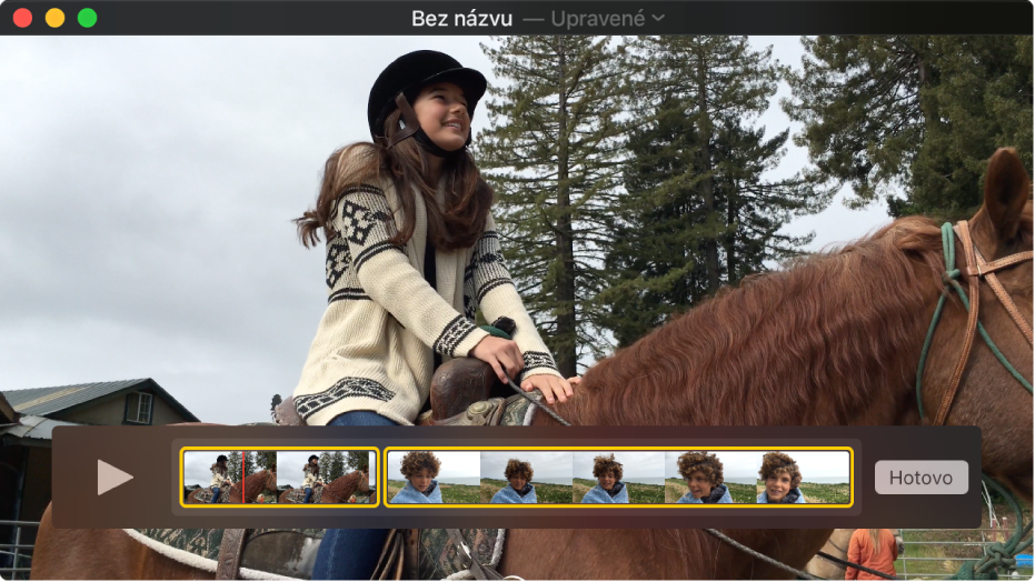 Okno aplikácie QuickTime Player so zobrazeným editorom klipov v spodnej časti.