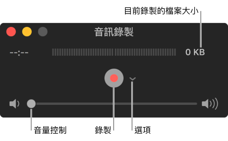 「音訊錄製」視窗，視窗中央帶有「錄製」按鈕和「選項」彈出式選單，底部則有音量控制項目。