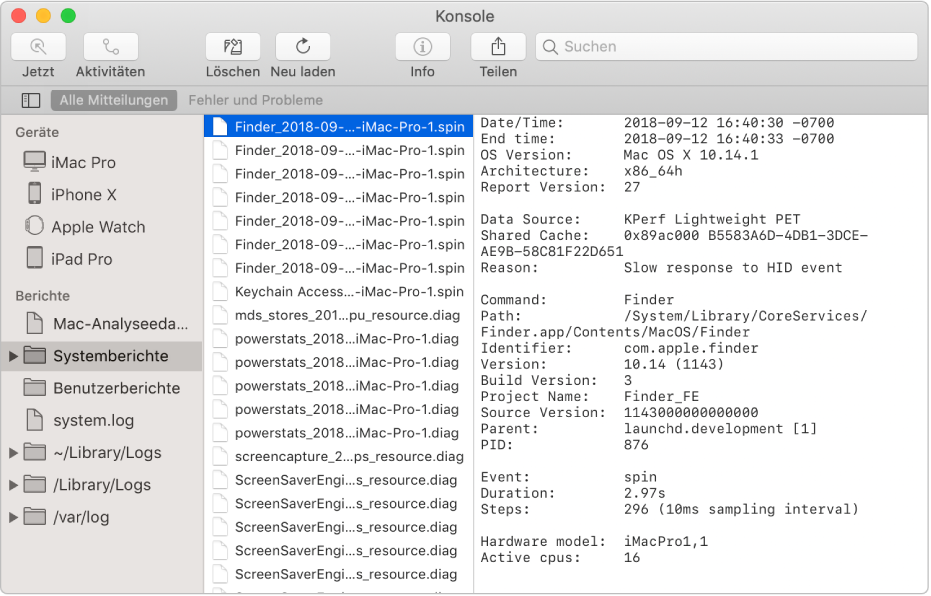 Das Fenster „Konsole“ mit einem ausgewählten Finder-Protokoll und Details auf der rechten Seite