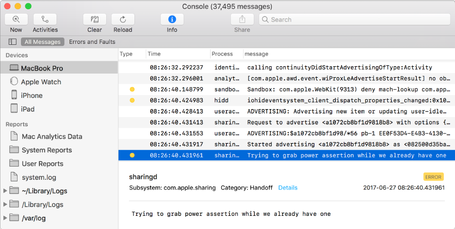 The Console window with a log message selected and details in the bottom pane.