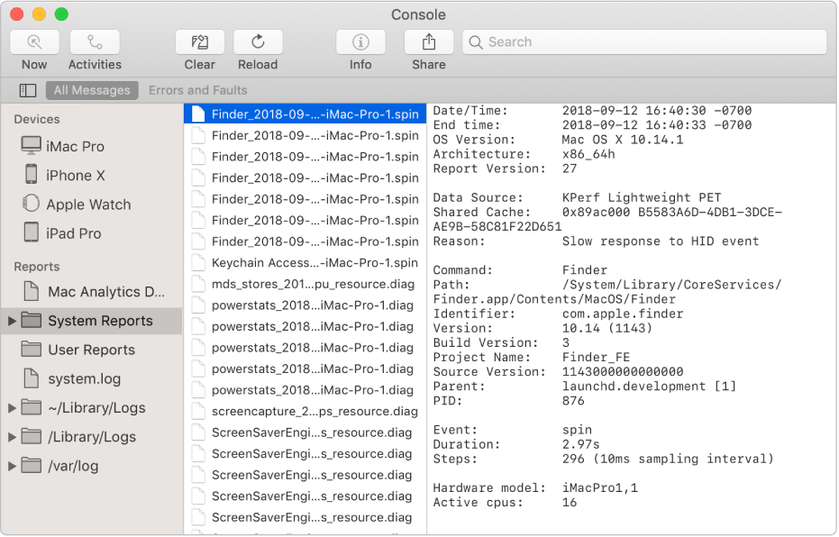 The Console window with a Finder report selected and details on the right.