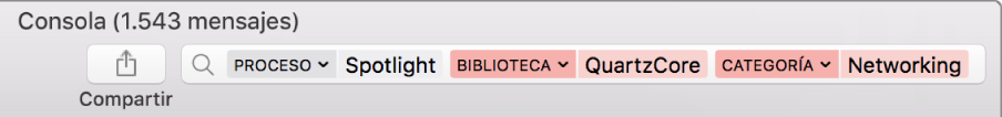 Campo de búsqueda en la ventana de Consola con los criterios de búsqueda establecidos para encontrar mensajes procedentes del proceso Spotlight, pero no de la biblioteca QuartzCore o la categoría de conexión de red.