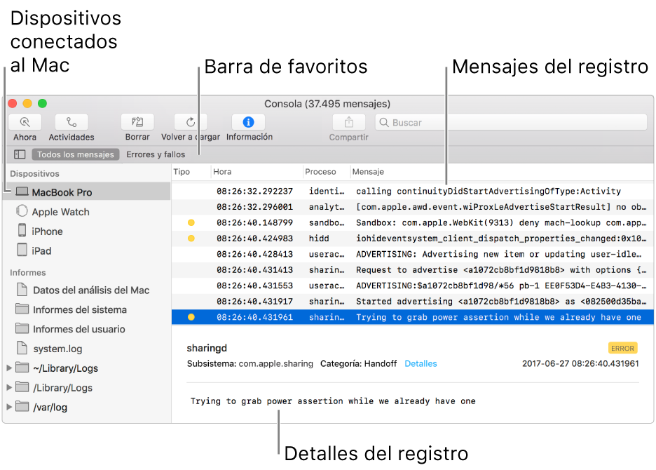 La ventana Consola con los dispositivos conectados al Mac a la izquierda, los mensajes de registro a la derecha y los detalles de registro abajo; también hay una barra de favoritos que muestra las búsquedas guardadas.