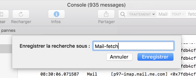 Affiche l’opération d’enregistrement d’une recherche dans Console après la saisie d’un critère de recherche.