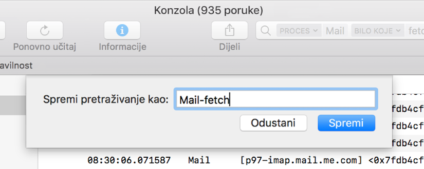 Prikazuje spremanje pretrage u Konzoli nakon unosa kriterija pretraživanja.