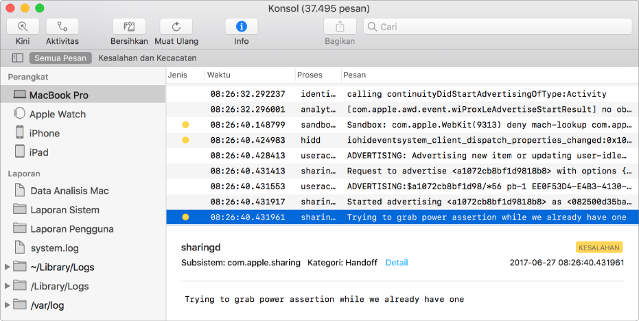 Jendela Konsol dengan pesan log dipilih dan detail di panel bawah.