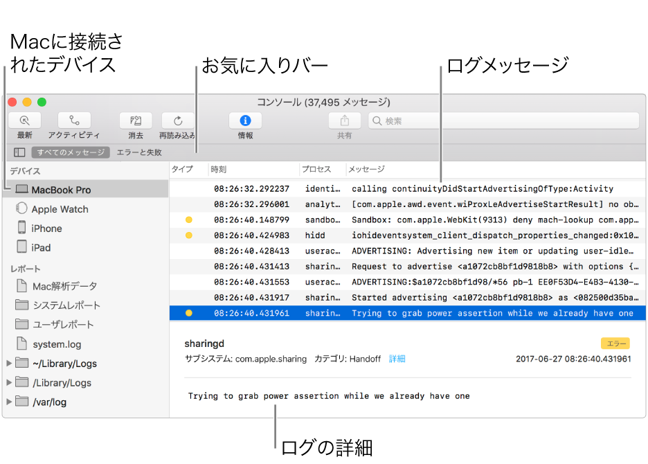 「コンソール」ウインドウ。Mac に接続されたデバイスが左側に、ログメッセージが右側に、ログの詳細が下部に表示されています。保存した検索が表示される「よく使う項目」バーもあります。