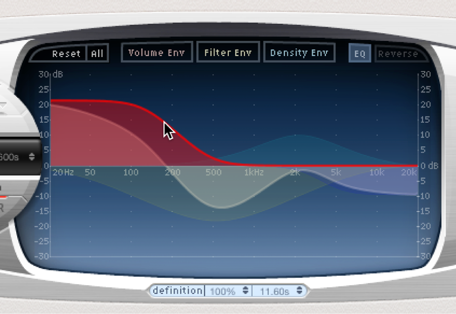 Curva de ecualización, editada gráficamente en la pantalla principal de Space Designer.
